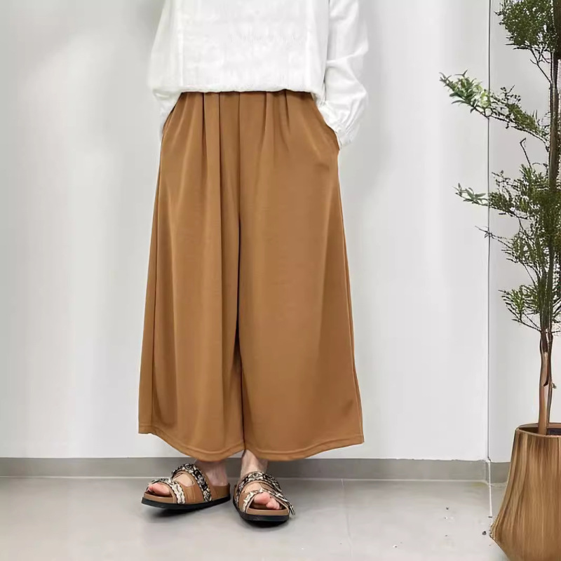 Japanese single sweet style simple solid color all-match soft knitted cotton loose casual cropped wide-leg pants 4 colors