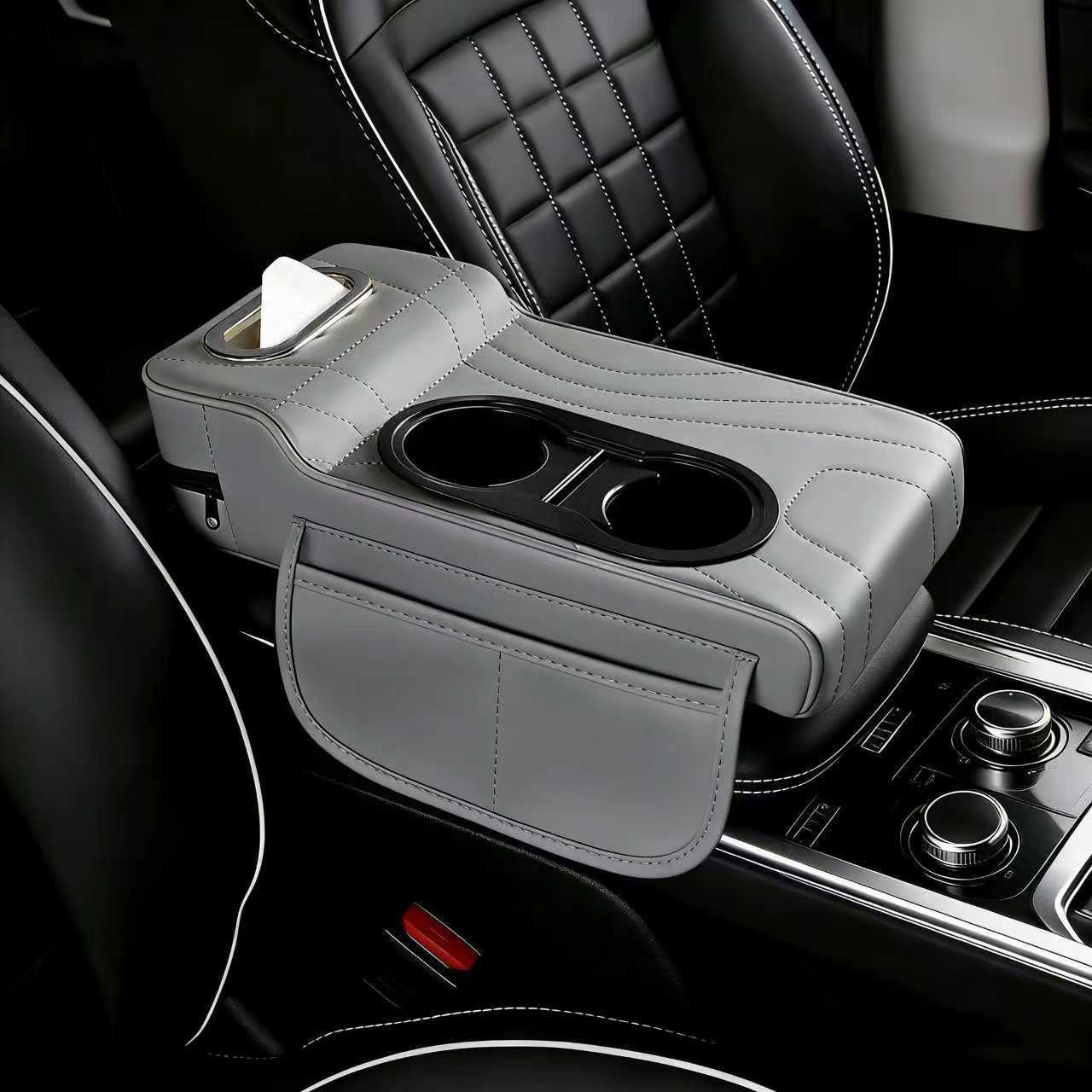 2025 New Central Car Armrest Box Booster Pad Protective Cover Double Cup Holder High-End Leather Car Tissue Box