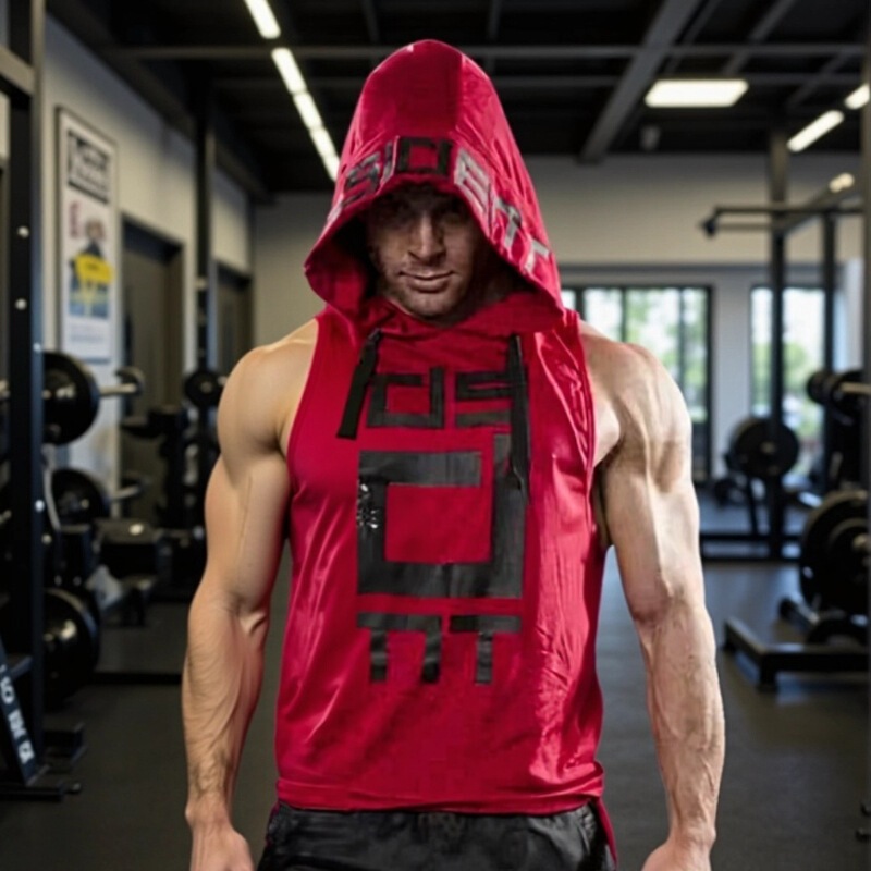 Cross-Border Hot Selling Men's Fitness Hooded Vest Quick-Drying High-Elastic Breathable Sports Trendy Brand Sleeveless Training Clothes