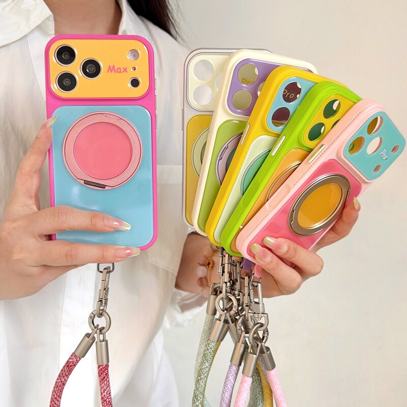 Dopamine Color-Blocking Leather Texture Case for iPhone 17 with 360-Degree Rotating Magnetic Stand and Heat Dissipation Edge for Apple 18