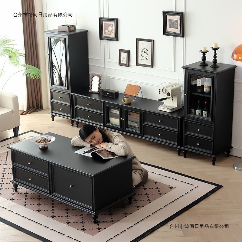 Solid Wood Tv Cabinet American Style Living Room Home Light Luxury High-End Sense Medieval Black Retro Small Apartment Storage Floor Cabinet