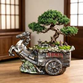 国风马车造型陶瓷花盆迎客松盆景盆商务送礼桌面装饰艺术盆批发