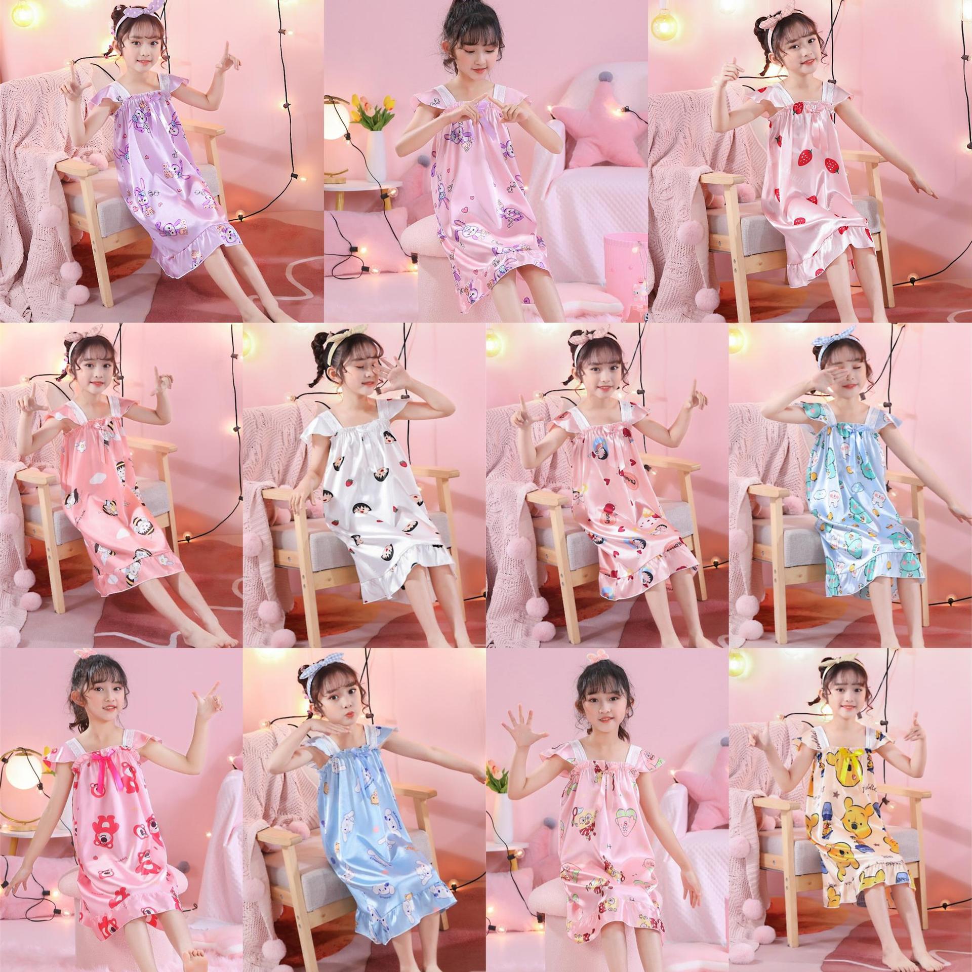 Hielo vestido de pijama de niños princesa viento de verano caricatura de seda de simulación de chicas cabina vestido de mangas cortas ropa para el hogar