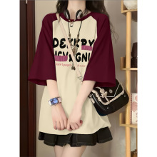 美式插肩短袖t恤女大童夏季新款初中高中学生多巴胺宽松半袖上衣