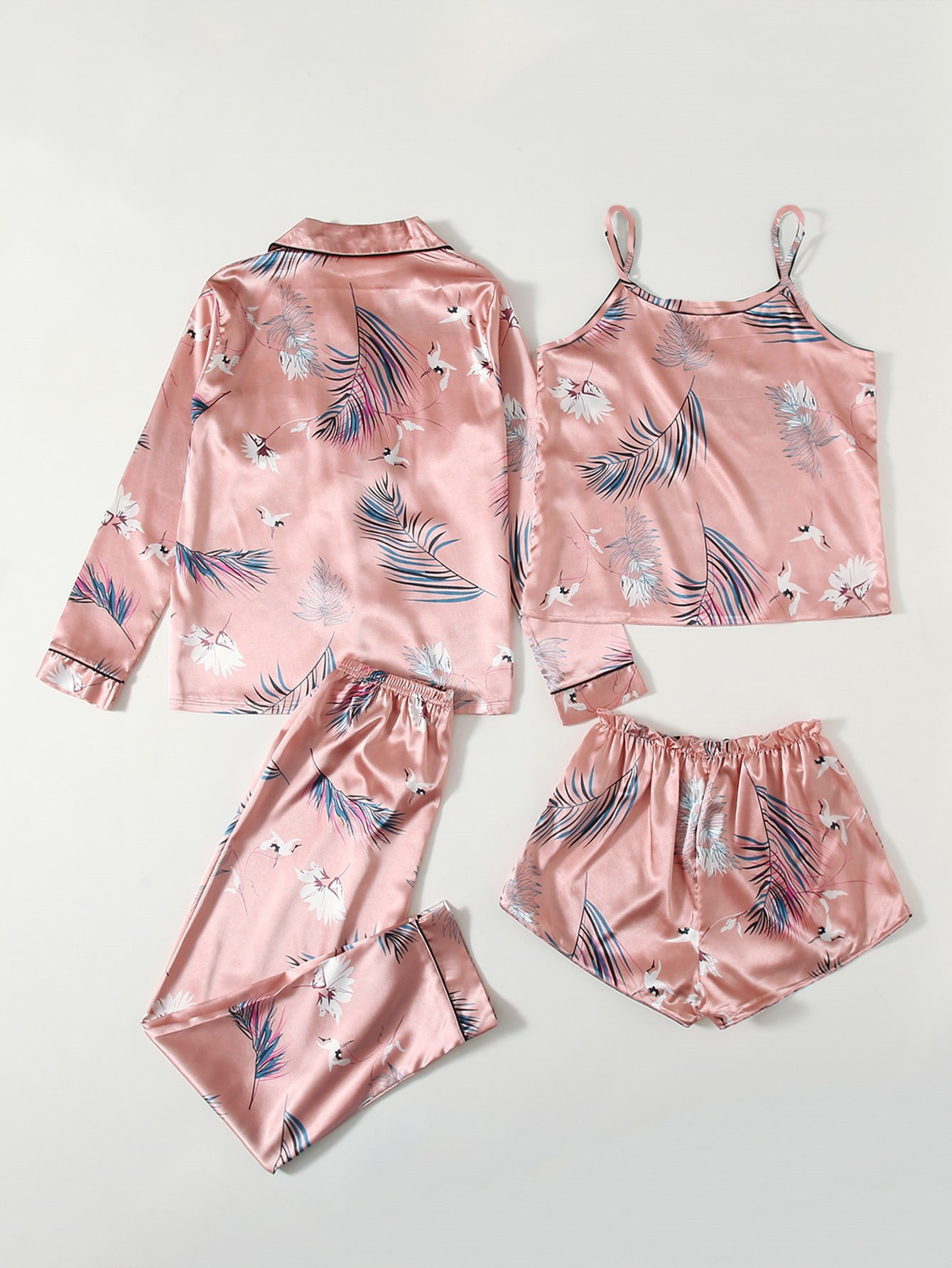 Home Occasion Turndown Neckline Comfort Function Women's Fashion Tropical Polyester Printing Pants Sets
