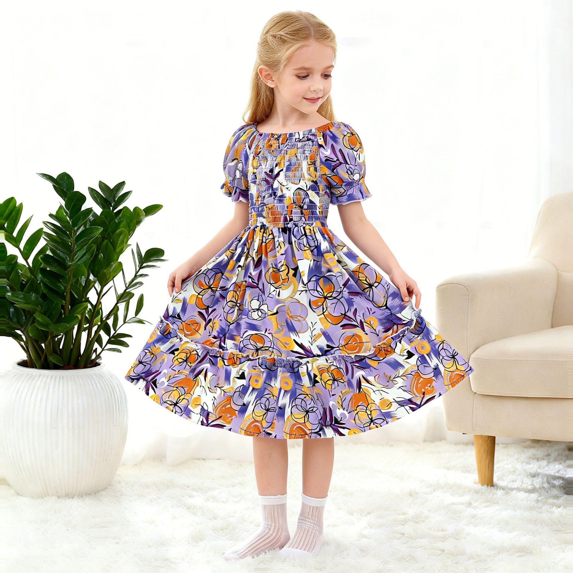 European and American Style Ins Summer Medium and Large Girls' Dress Bohemian Kidsren's Seaside Vacation Princess Dress Beach Dress