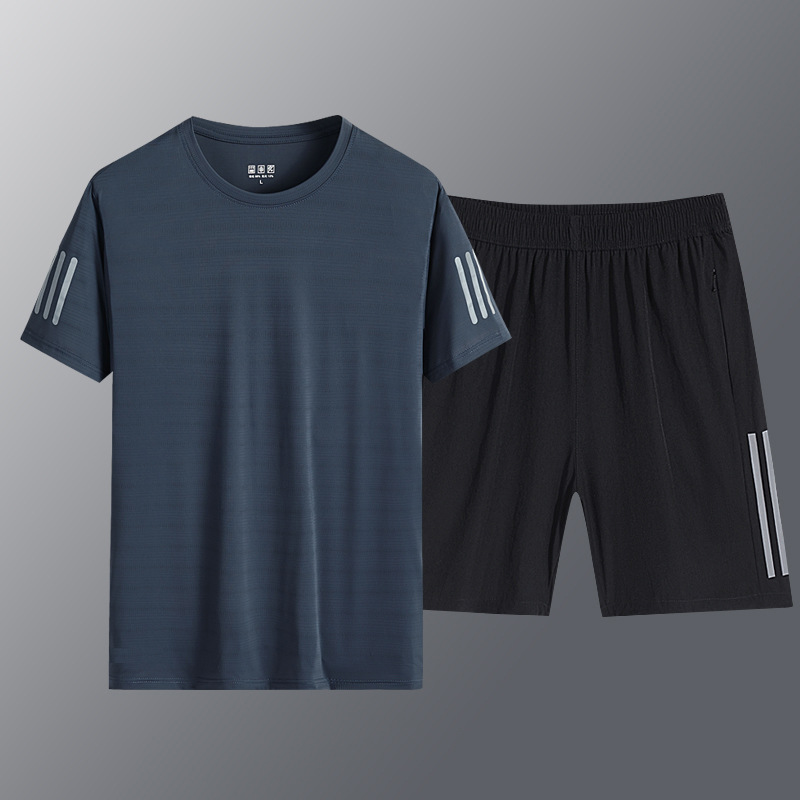 Traje deportivo de los hombres de verano nueva seda de hielo de manga corta Camiseta pantalones cortos más el tamaño de la ropa de entrenamiento de fitness correr ropa de secado rápido al por mayor