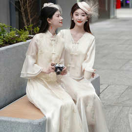 好质量中式2026春夏淑女汉服七分袖斜襟盘扣复古国风半身裙女套装