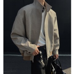美式复古千鸟格外套男款春秋高级感痞帅立领cleanfit哈灵顿夹克男