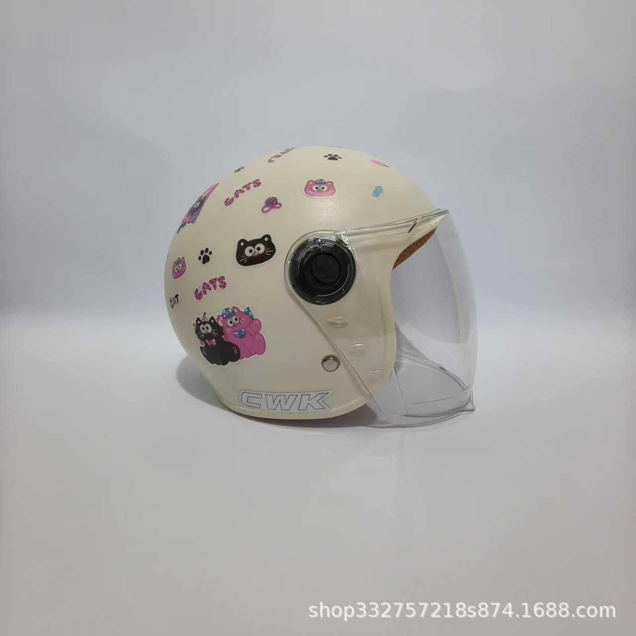 Motorcycle Safety Helmet | Motuoche Motosiklet kaskı (dəbilqə) - moon-white-black-pink-cat-transparent-long-visor-3c-children-1-6-years-old-wl07