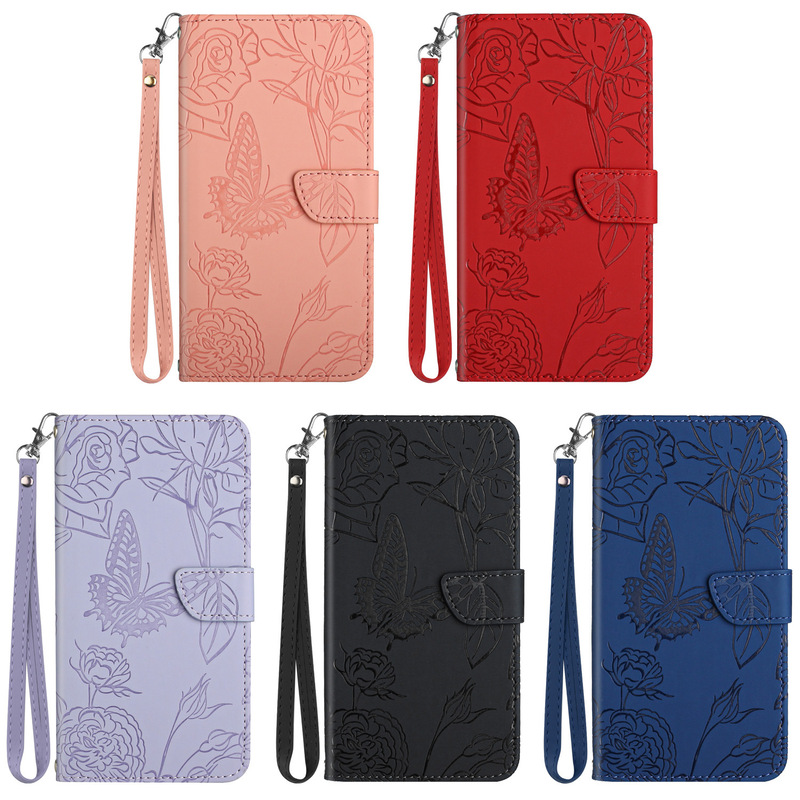Suitable for Samsung S25Fe Butterfly Embossed Phone Case S26Plus Card Holder Solid Color Lanyard Protective Case