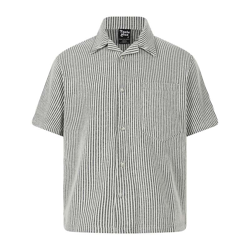 2026 Summer New Style National Trend American-Style Striped Turn-Down Collar Short-Sleeve Shirt Men's Trendy Loose Casual Versatile Shirt 2026 Summer New Style National Trend American-Style Striped Turn-Down Collar Short-Sleeve Shirt Men's Trendy Loose Casual Versatile Shirt
