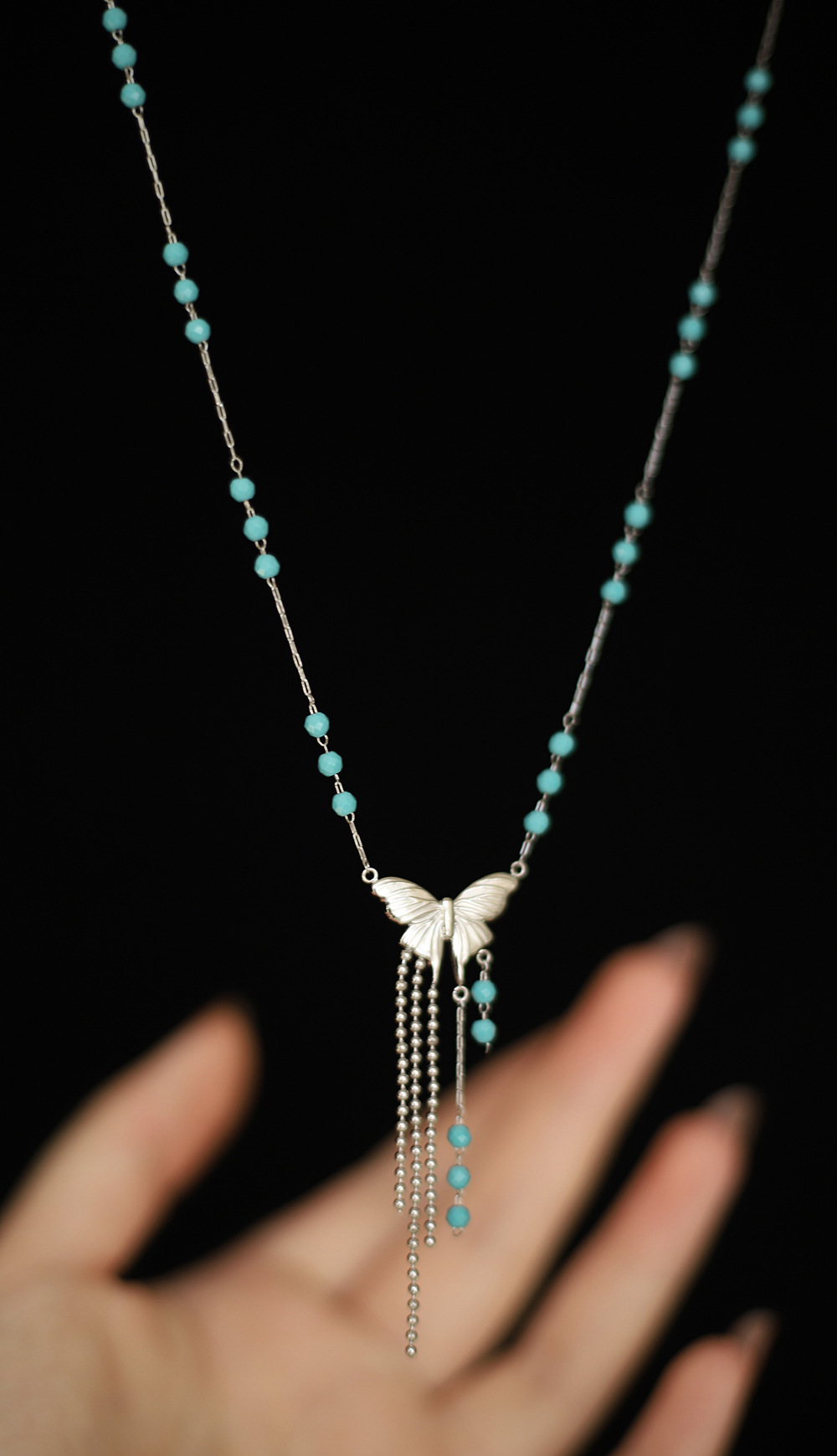 Blue Bead Butterfly Fringe Stainless Steel Necklace