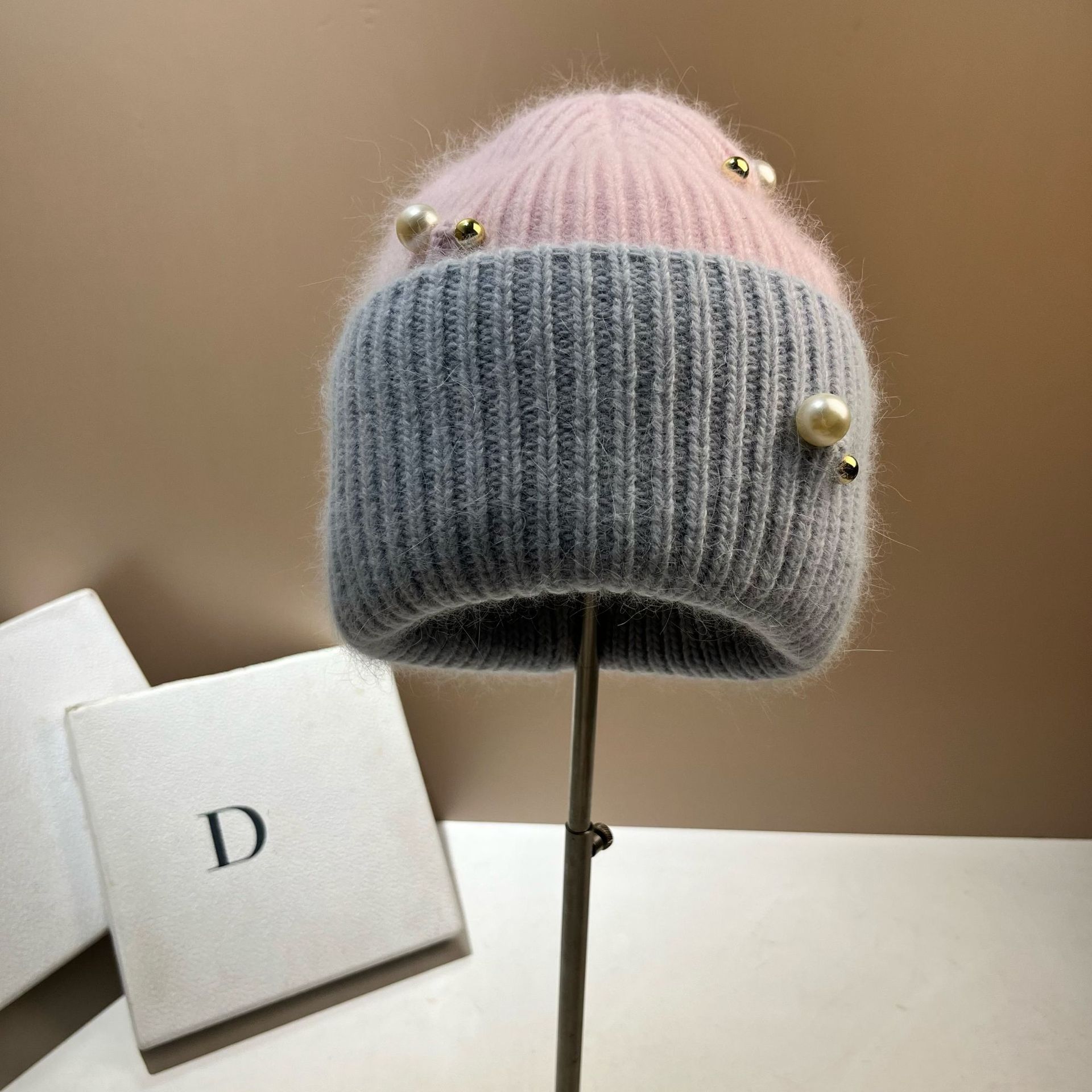 Winter Kleine Duftende Perle Farbe blockiert Warm Kalt Nordisch Dick Doppelschicht Angora Kaninchen Haar Strickmütze_voghion.com