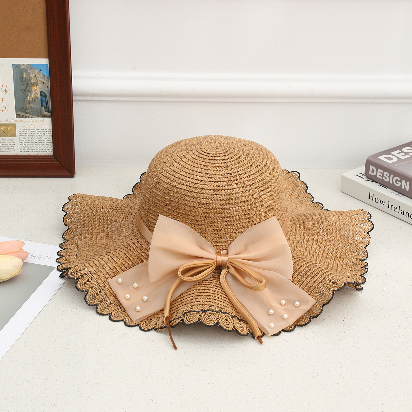 Sombrero de paja con lazo – estilo veraniego, ala ancha, para playa o vacaciones al aire libre