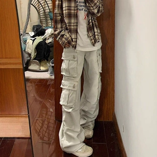美式复古街头多口袋工装裤小众设计感水洗做旧阔腿牛仔裤潮2024年