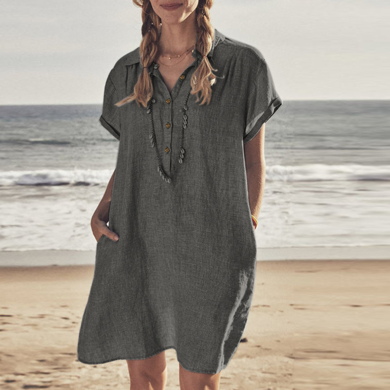 2022 Foreign Trade European And American New Cotton Linen Shirt Dress Pocket Dress Beach Dress Casual Skirt display picture 3