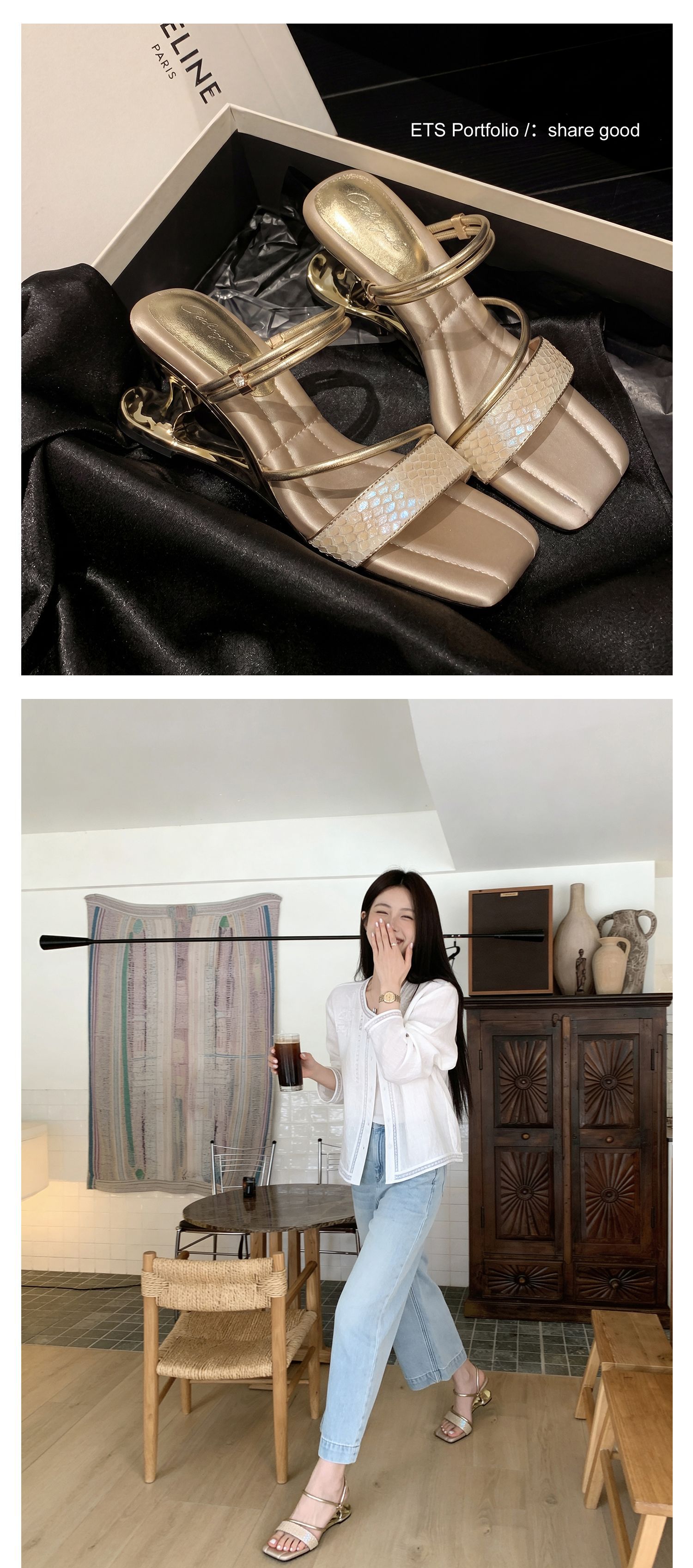 Sandal cao gót nữ quai mảnh mũi vuông hở mũi, gót dị hình, có thể xỏ kiểu một dây hoặc hai dây — màu vàng, bạc chi tiết 12