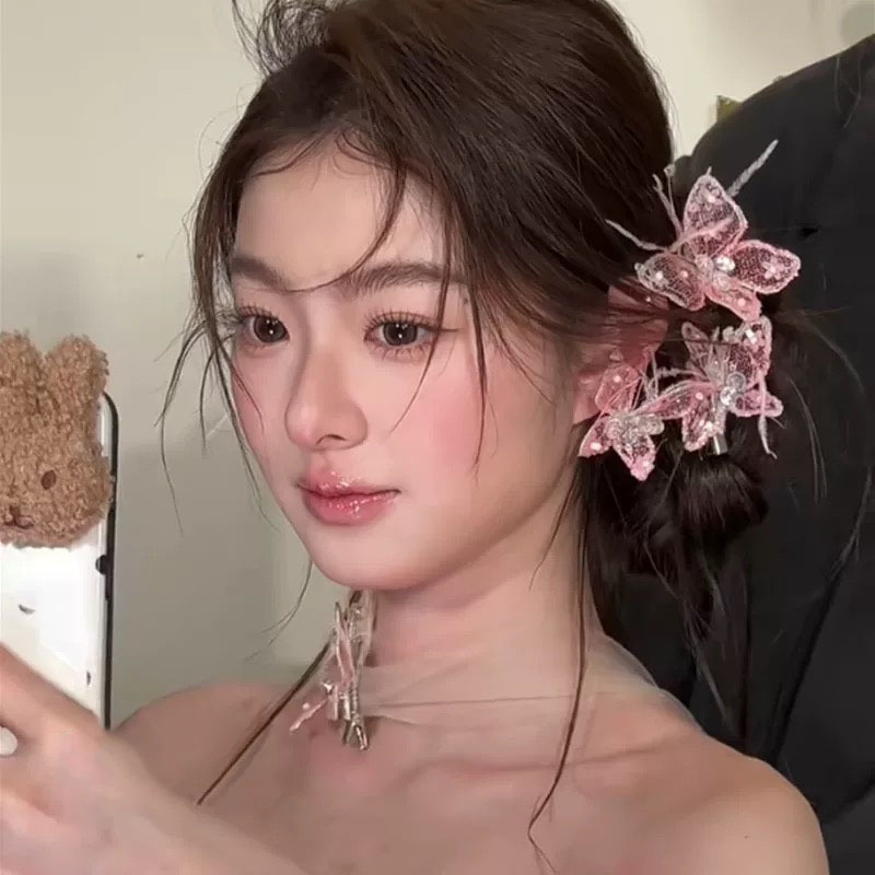 Bridal Tiara, Fairy Pink Butterfly Hairpin, Necklace, Earrings Set, Super Fairy and Age-Reducing Dinner Dress Hair Accessories