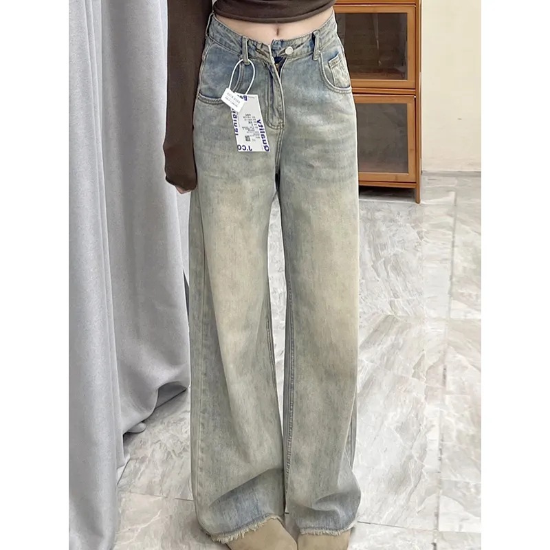 美式复古毛边阔腿牛仔裤女新款宽松直筒高腰显瘦垂感拖地裤子潮流|undefined