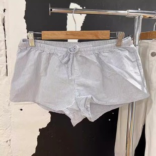 BM-style waist lace-up blue and white striped drawstring shorts women's hot pants bm elastic waist sports casual pants home pants fashion
