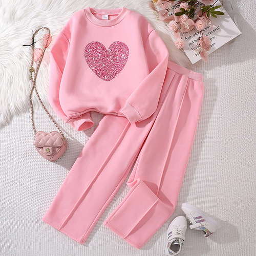 Children's European and American Set 2025 New Model for Older Children Spring Season Loving Long Sleeve Sweatshirt and Pants Leisure Two-Piece Set