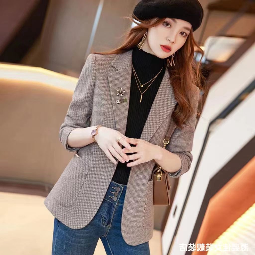 2025 Spring and Autumn New Slim-fit Plaid Small Suit Top Houndstooth Woolen Suit Jacket Women's Short Small
