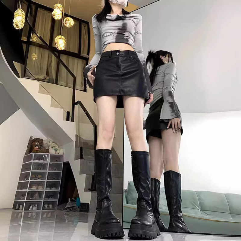 辣妹pu皮a字半身裙女装秋冬季2025新款高腰显瘦包臀短裙咖色裙子|undefined