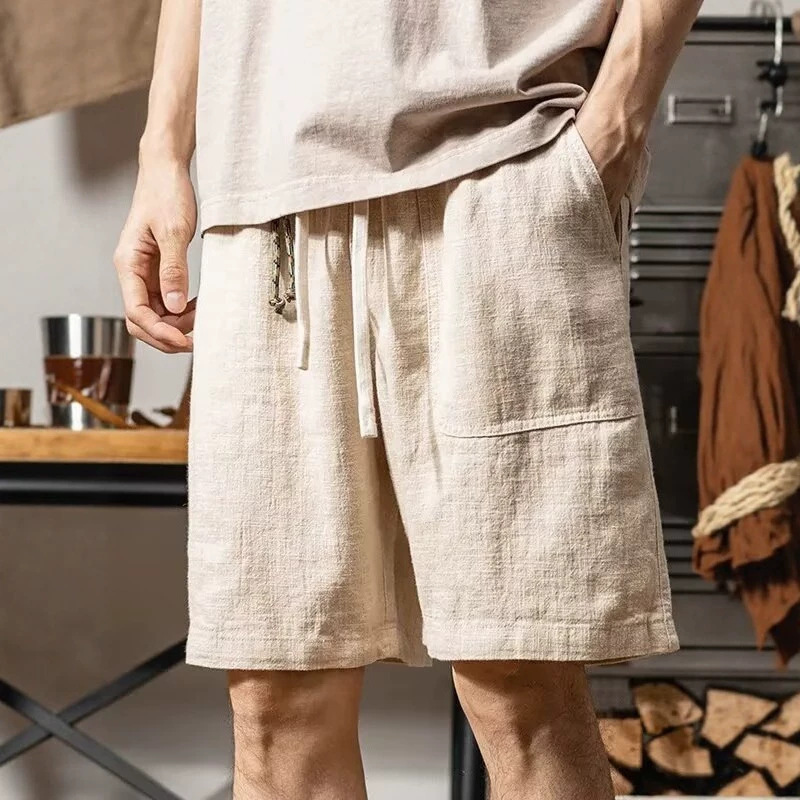 Japanese-Style Cotton and Linen Casual Shorts for Men, Summer Loose Breathable Straight Casual Versatile Unisex Linen Knee-Length Shorts