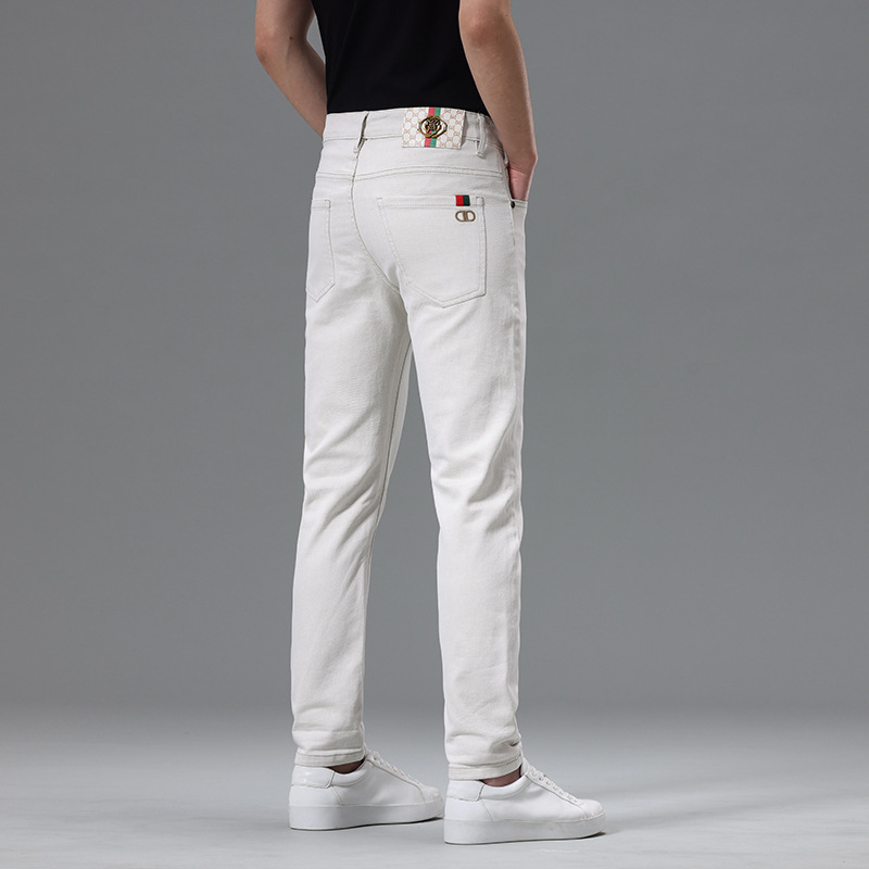 High-End Ivory White Jeans for Men, Business Casual Embroider Design, Slim Stretch Small Straight Pants, New Spring and Summer Style High-End Ivory White Jeans for Men, Business Casual Embroider Design, Slim Stretch Small Straight Pants, New Spring and Summer Style