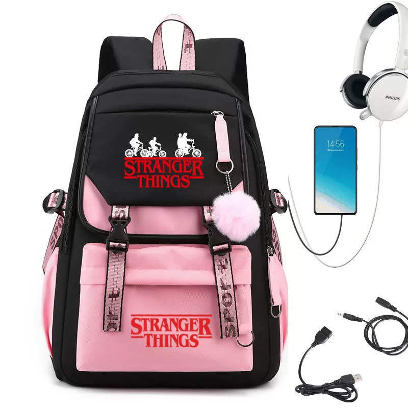 Рюкзак школьный (Stranger Things) с принтом Hellfire Club, USB‑порт, мягкая спинка, чёрно‑розовый