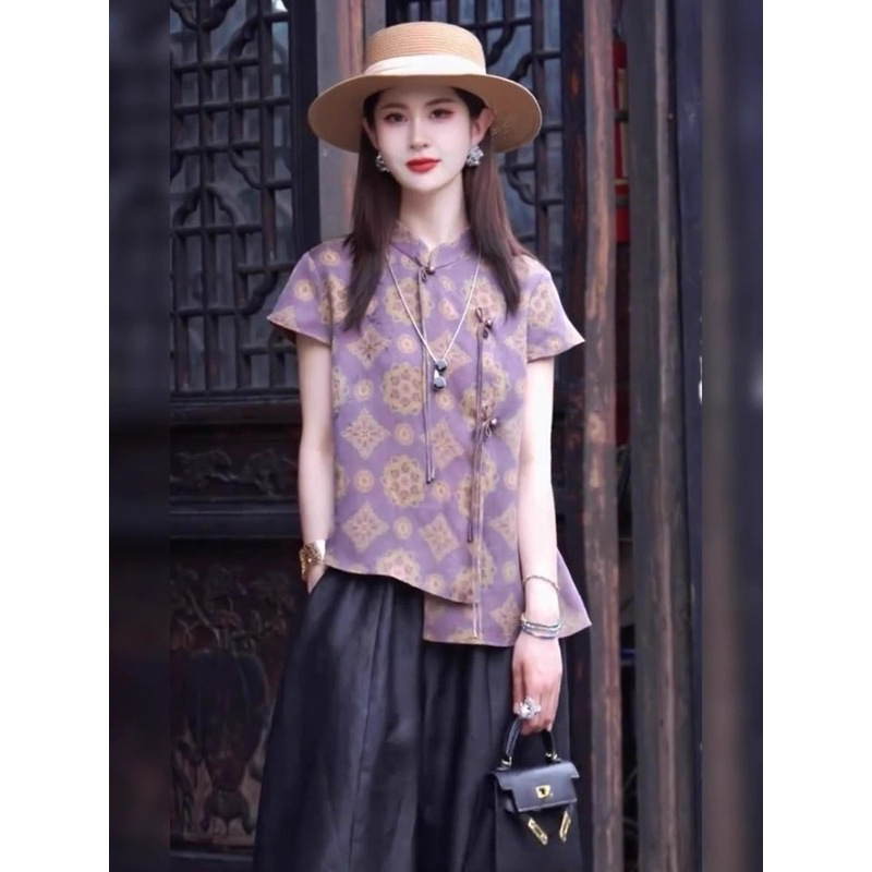 国风2025新款女装夏日气质小衫中式减龄紫色印花盘扣短袖上衣衬衫