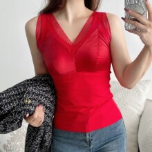 秋冬缎面磨毛轻保暖内衣女红色无痕背心带胸垫免穿文胸内搭打底衫