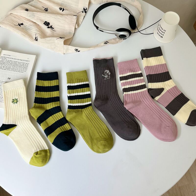 Dry Rose Tone Socks Women's Mid-length Socks Striped Stitching Contrast Color Stockings Spring and Autumn Sports Outwear Instagram Fashion