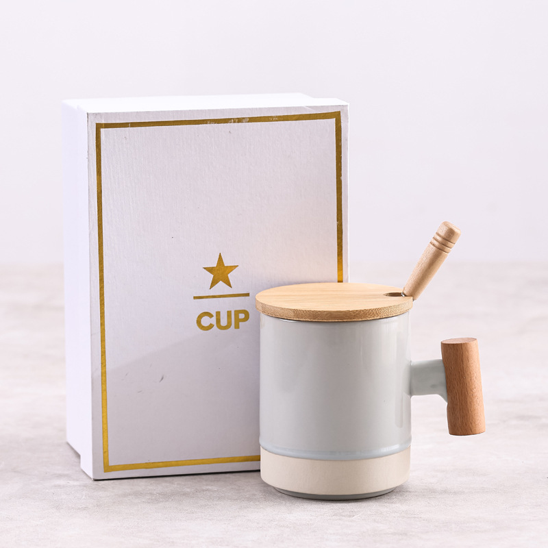 Mango de madera original taza de cerámica taza de café taza de agua taza con cubierta cuchara caja de regalo LOGO al por mayor