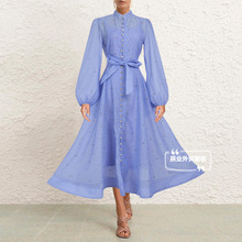 跨境现货英国小众水钻钉珠轻奢设计感单排扣天丝麻连衣裙女