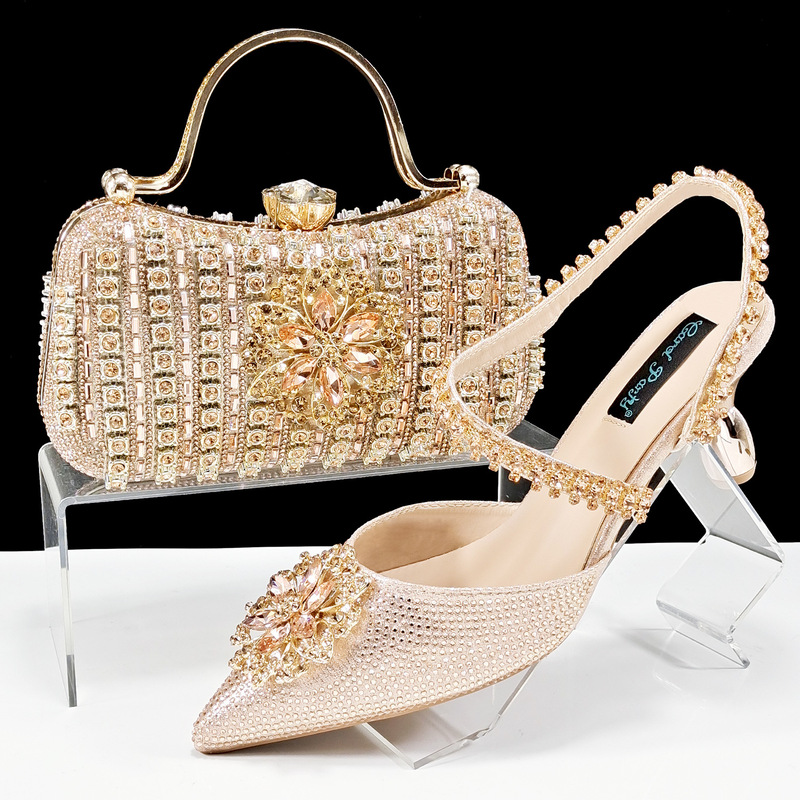Sexy Women's Shoe and Bag Set with Rhinestone Buckle, Floral Decoration, Ankle Rhinestone Chain, Paired with a Hard Clutch Bag and Fleece-Lined Loafers