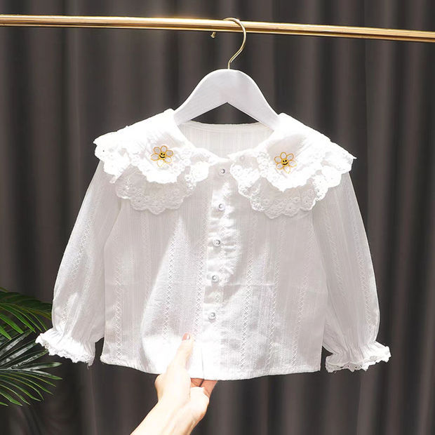 2024 otoño nuevo estilo bebé niña niños estilo coreano doble capa encaje cuello camisa que basa la camisa superior