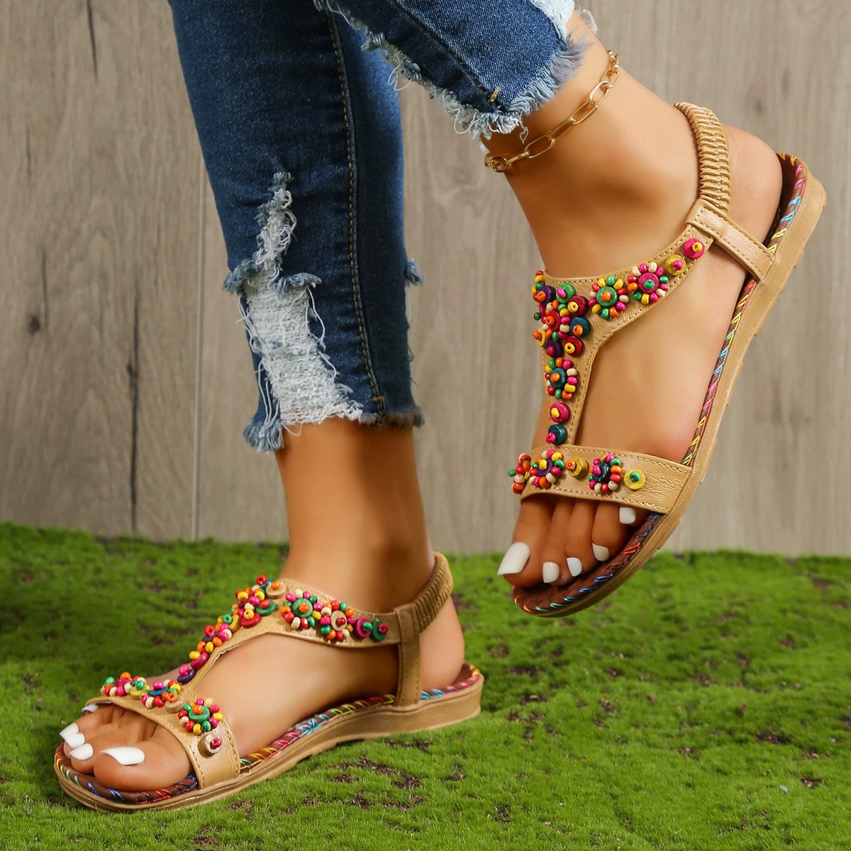 Внешняя торговля 2023 летние новые женские сандалии ручной работы из бисера в богемном этническом стиле, женские туфли на плоской подошве с открытым носком