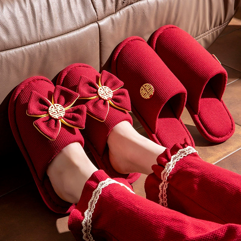 Тапочки для свадьбы, красные праздничные нескользящие домашние домашние свадебные тапочки для пары невесты и жениха, приданое