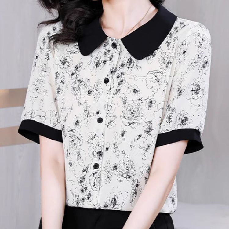 跨境夏季2025妈短袖娃娃领雪纺衬衫女时尚宽松遮肚子洋气碎花上衣