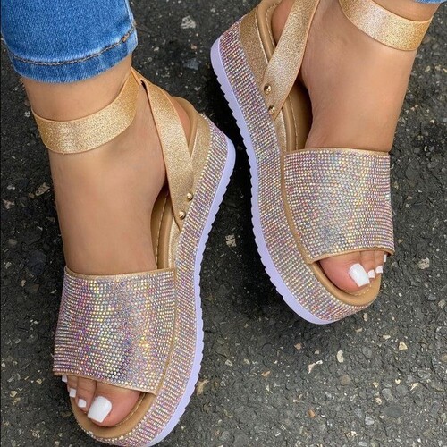 Large size women's shoes summer new foreign trade large size thick bottom rhinestone sandals women's European and American fish mouth color 43 size women's sandals
