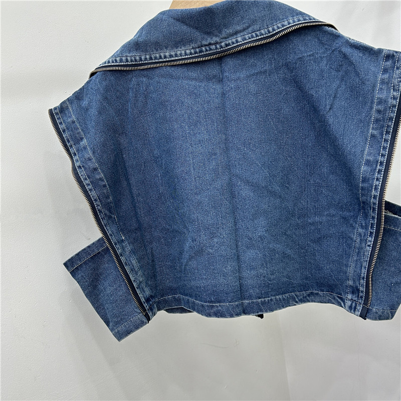 Estilo americano estilo callejero estilo de moda traje cuello corto chaleco de vaqueros hombre pequeño alto doble hebilla cremallera clips caballo