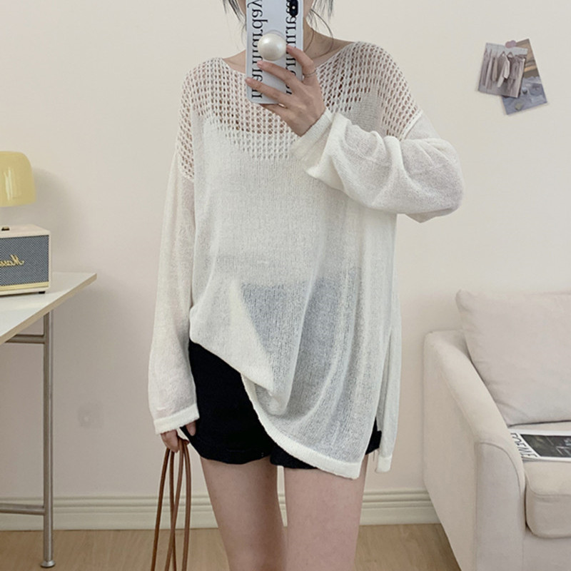 2025 Korean Style Thin Ice Silk Knitted Lazy Literary Cut Out Tone Blouse Loose Pullover Pure Color Long-Sleeved Top for Women