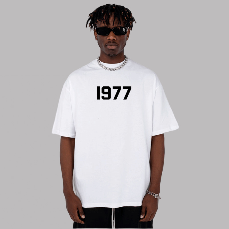 Heavy 350g de hilo doble manga corta para hombres y mujeres escote pequeño 1977 Camiseta de algodón suelta media manga blanca caída hombro media manga