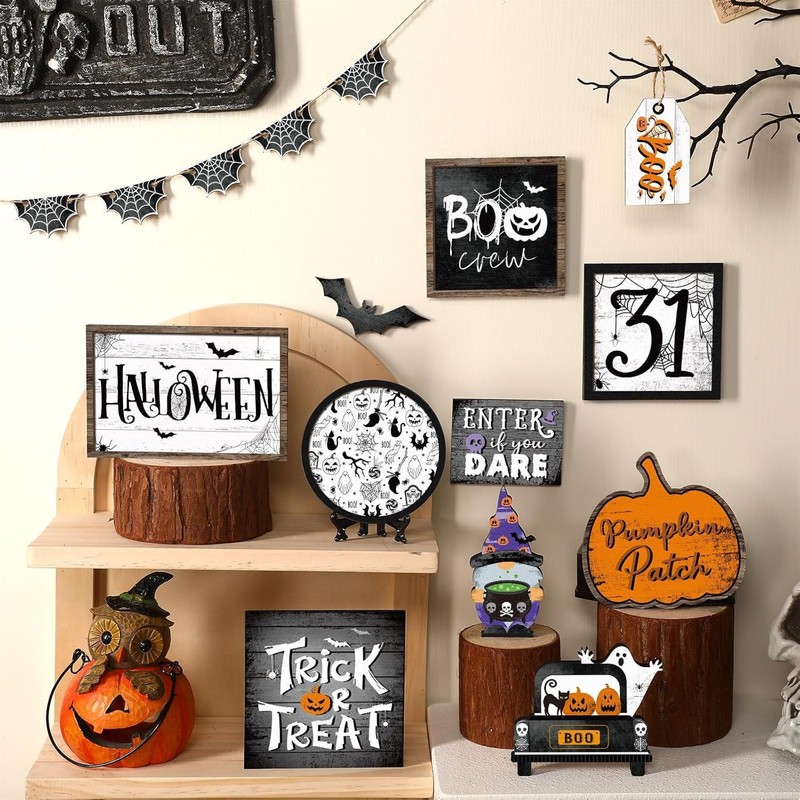 16個のハロウィンレイヤードトレイデコレーションセットゴーストハロウィンウッドサインパンプキンノームハロウィン|undefined