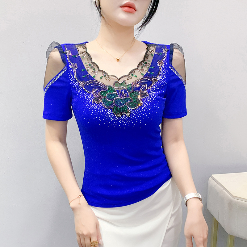 Estación europea ropa de mujer al por mayor industria pesada diamante caliente flor malla top manga abullonada azul sin tirantes temperamento camisa ligera de lujo