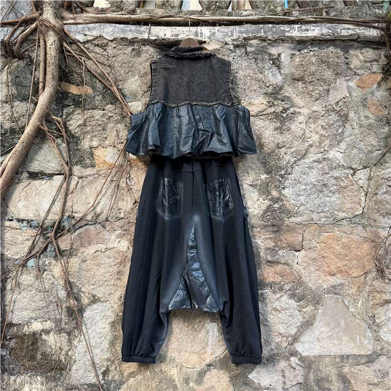 Modas de moda de otoño y invierno de cuello corto chaleco de bolsillo grande con camisa de seda gruesa y suelta de dos piezas para mujeres