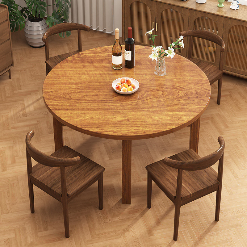 Round Table with Solid Wood Legs, New Chinese Style Walnut Color, Cross-Border Exclusive for Small Household Use, Dining Table with Rotating Feature