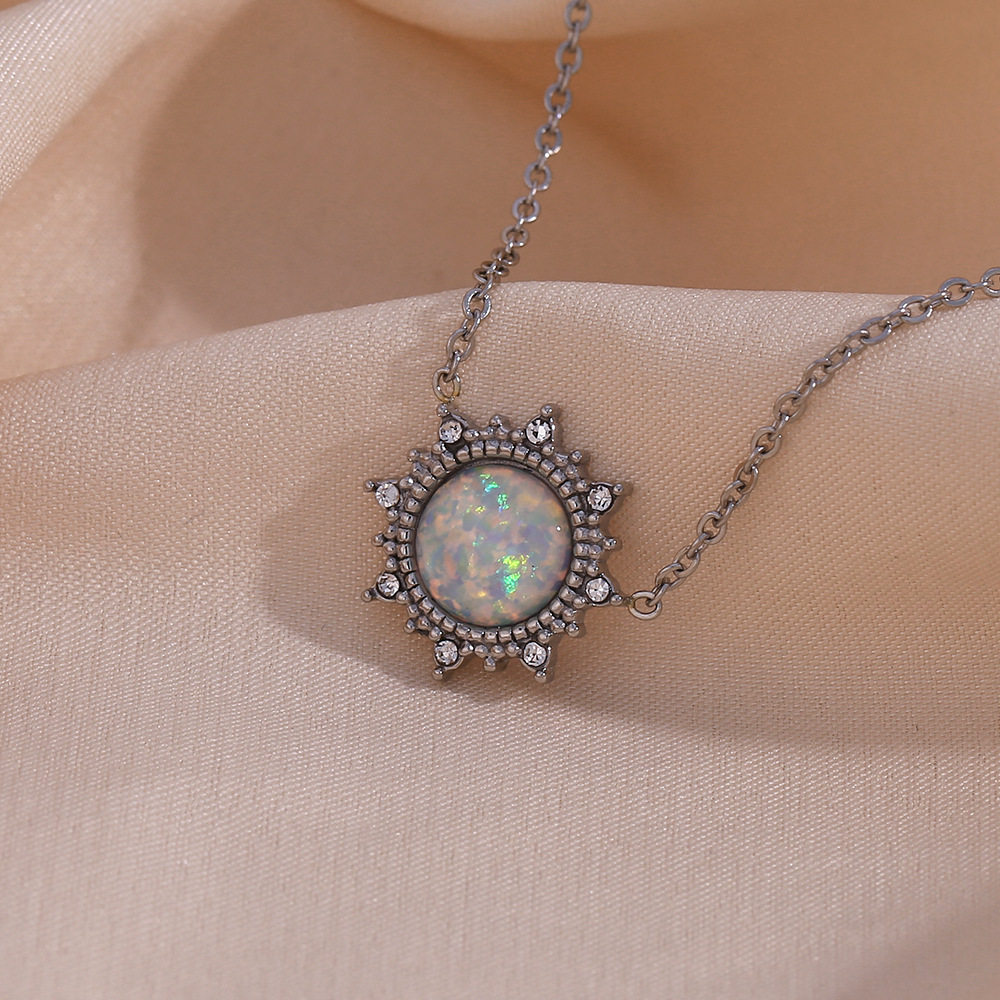 Zircon Inlaid Sun Stainless Steel Pendant Necklace